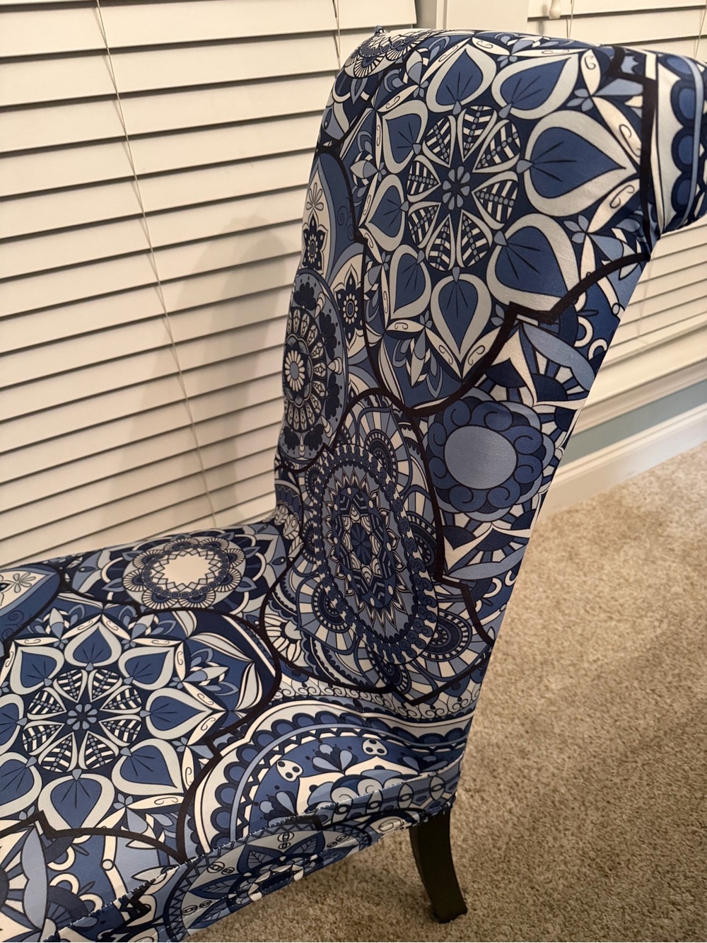 6 never used Parson chair covers, fun blue design, stretch to fit fabric.